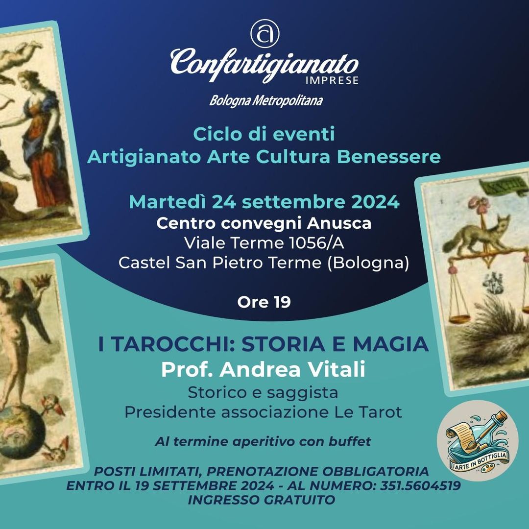Cartello evento Tarocchi che si terrà a Castel San Pietro Terme, hotel anusca, il 24 settembre 2024 organizzato da Confartigianato Bologna Metropolitana